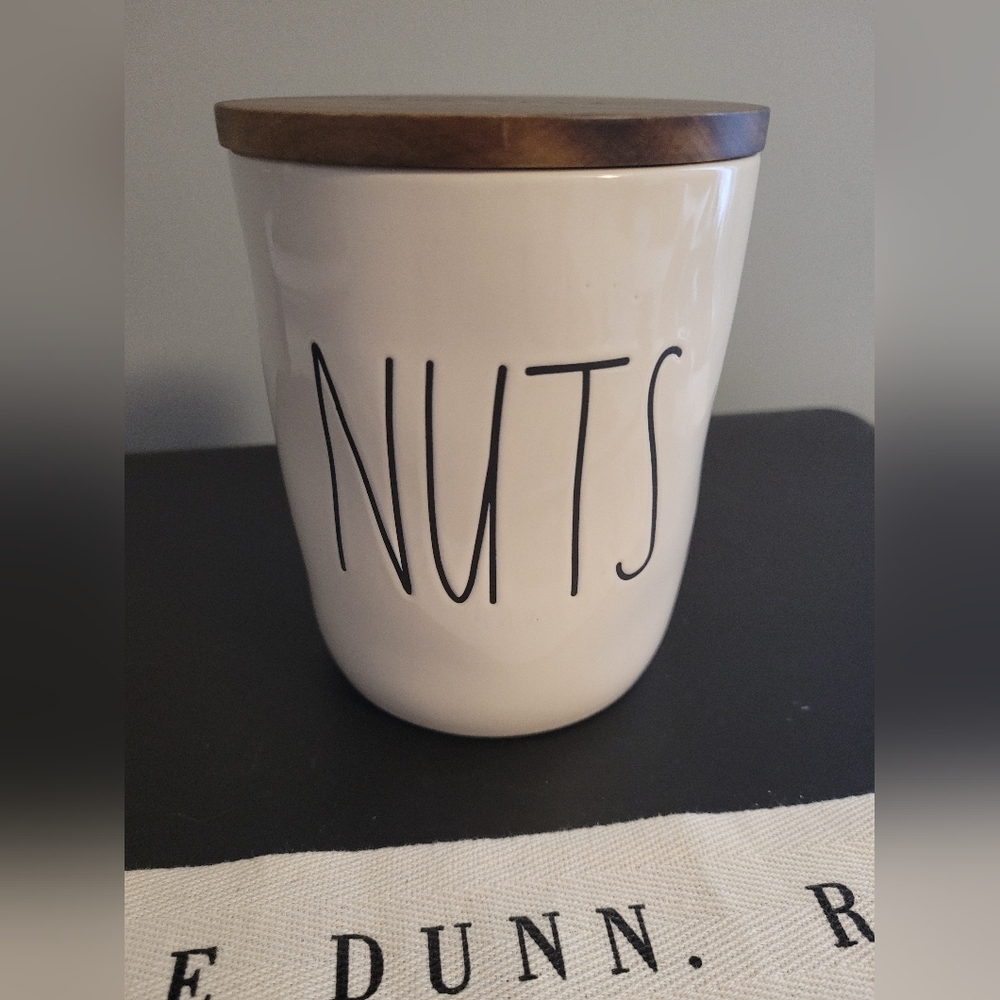 Rae Dunn "NUTS" Cellar Jar White Wood Top